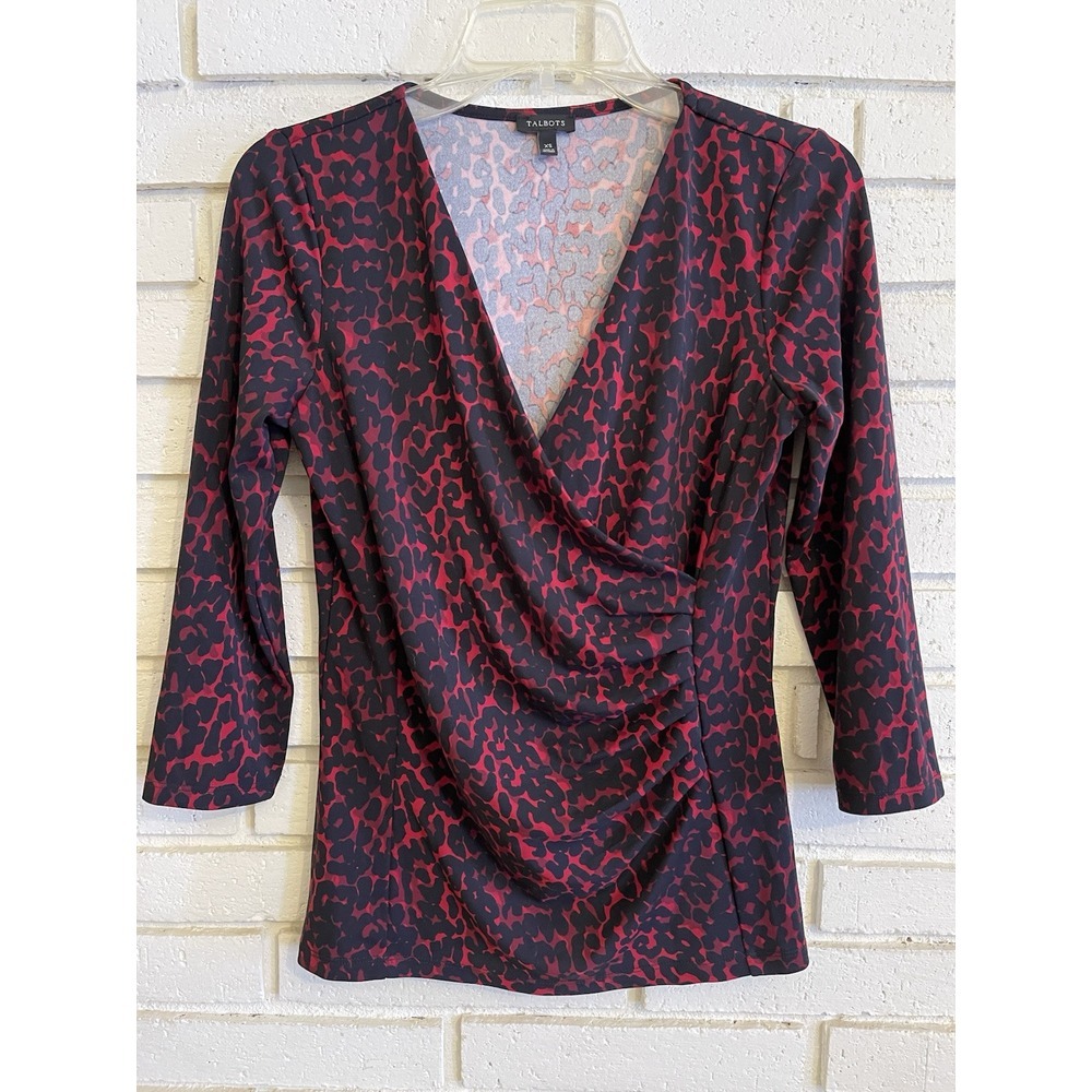 Talbots Cross Front Faux Wrap Blouse Red & Black Animal 3/4 Sleeve Size XS‎